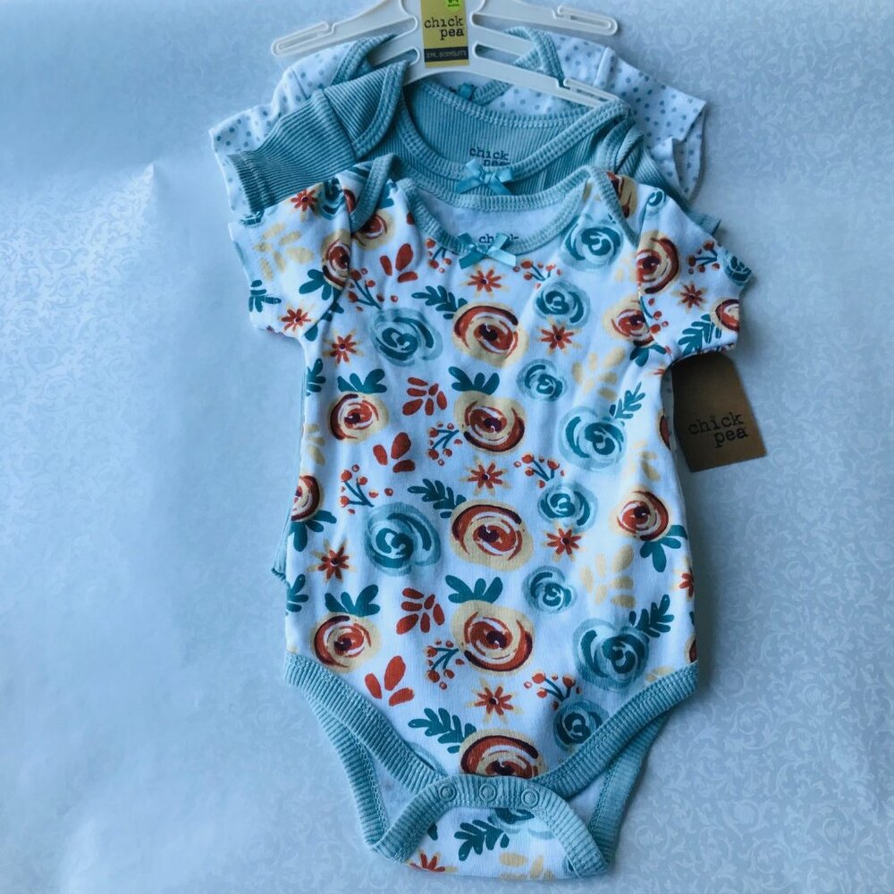 Chick Pea 3 PK Bodysuits 6-9M Green 100% Cotton